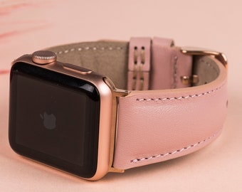 Pink Leather Apple Watch Band 38mm 40mm 41mm 42mm 44mm 45mm 49mm women iWatch Strap Bracelet 8 7 6 5 4 3 2 1 & SE, Fitbit Versa 4 3 2 1 Band