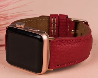 Red Leather Apple Watch Band 38mm 40mm 41mm 42mm 44mm 45mm 49mm iWatch Strap Bracelet 8 7 6 5 4 3 2 1 SE Fitbit Versa 4 3 2 1 SENSE Band