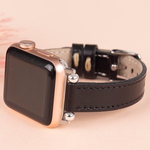 Black Leather Apple Watch Band 38mm 40mm 41mm 42mm 44mm 45mm 46mm 49mm Thin iWatch Strap Bracelet for 10 9 8 7 6 5 4 Ultra SE Fitbit Band