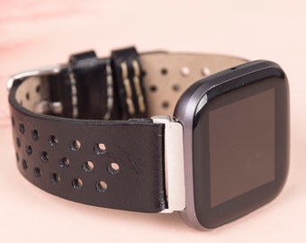 Black Leather Fitbit Versa 3 2 1  Watch Band Thin Beady Fitbit SENSE Watch Band Personalizable Fitbit Series Band Apple Watch 9 Ultra 2 Gift
