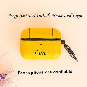 Apple AirPods PRO Yellow Genuine Leather Protective Case with Hanger, AirPods Pro Charging Case, Personalizable AirPods PRO Carrying Pouch