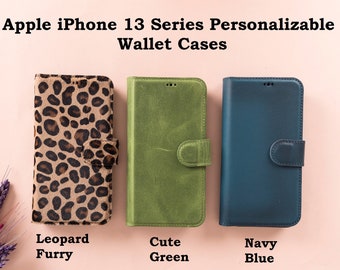 Leather iPhone 13 Series Magnetic Detachable Wallet Case with Card Slots, Personalized iPhone 13 Mini / iPhone 13 & Pro / Pro Max Phone Case