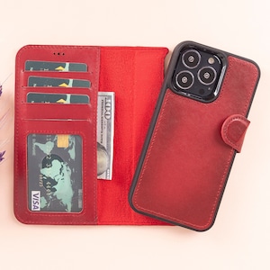 Rotes Leder iPhone 13 Serie Magnetische Abnehmbare Brieftasche mit Kartensteckplätzen, Personalisierte iPhone 13 / Mini / Pro & Pro Max Back Cover Case
