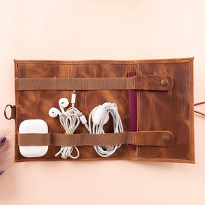 Leather Cable & Charger Organizer Bag, Personalised Cord Organizer-Passport Holder, Travel Charger Roll, Best Charger-Cable Storage Roll