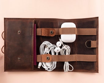 Brown Leather Cable & Charger Organizer Bag, Personalised Cord Organizer-Passport Holder, Travel Charger Roll, Charger-Cable Storage Roll