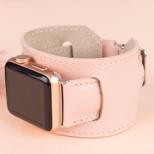 Pink Leather Apple Watch Band 38mm 40mm 41mm 42mm 44mm 45mm, Cuff iWatch Strap Bracelet for 7 6 5 4 3 2 1 & SE, Fitbit Versa 3 2 1 Band