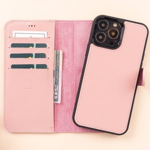 Custodia a portafoglio staccabile magnetica in pelle rosa per iPhone 13 con slot per schede, custodia posteriore personalizzata per iPhone 13/Mini/Pro e Pro Max