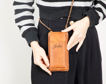 Personalized Card Holder Wallet, Phone Bag, Full Grain Leather Cellphone Bag, Cross Body Phone Bag, Best Gift Crossbody Bag, Gift For Him