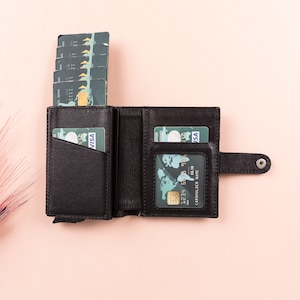 Black Leather RFID Protection Wallet Mechanical Card Holder Personalized Business Card Holder Up To 9 Card Slots 1 Paper Money Pocket Wallet