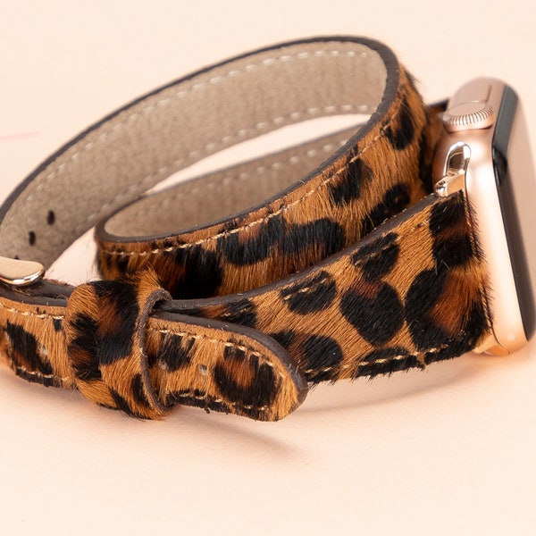 Bracelet Apple Watch en cuir fourrure léopard 38mm 40mm 41mm 42mm 44mm 45mm, bracelet iWatch Slim Leopard Wrap pour 7 6 5 4 3 2 1 & SE