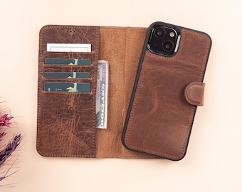 Vintage Brown Leather iPhone 13 Series Magnetic Detachable Wallet Case with Card Slots, Personalized iPhone 13/Mini/Pro & Pro Max Back Cover