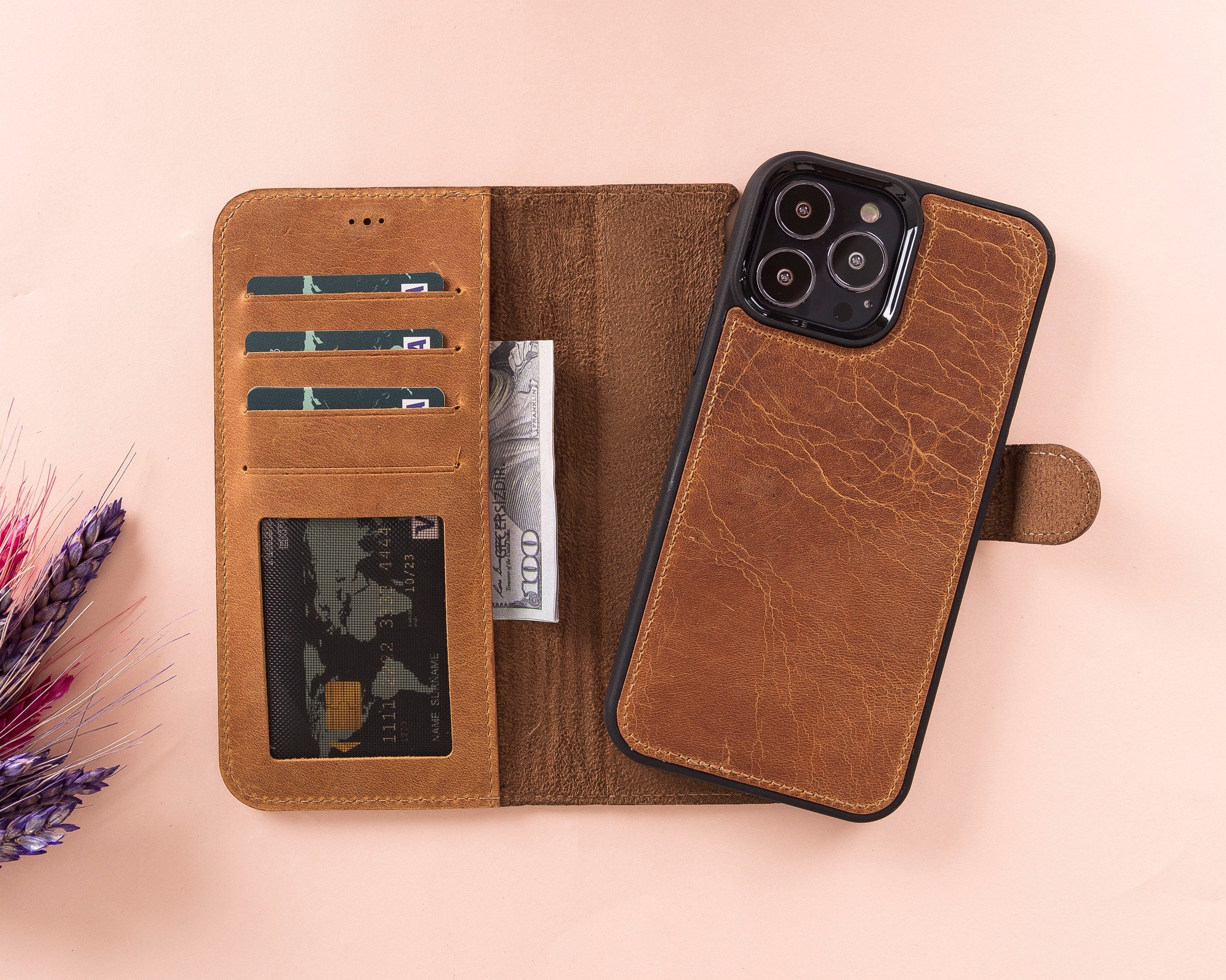 Étui Portefeuille En Cuir Lichee Pour IPhone - 2 En 1 Avec Bandoulière Amovible Et Housse MagSafe - Neuf