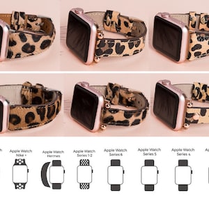 May include: Nine different Apple Watch bands with a leopard print design. The bands are shown on different Apple Watch models, including the Series SE, Nike+, Hermes, Series 1-2, Series 6, Series 5, Series 4, and Series 3.