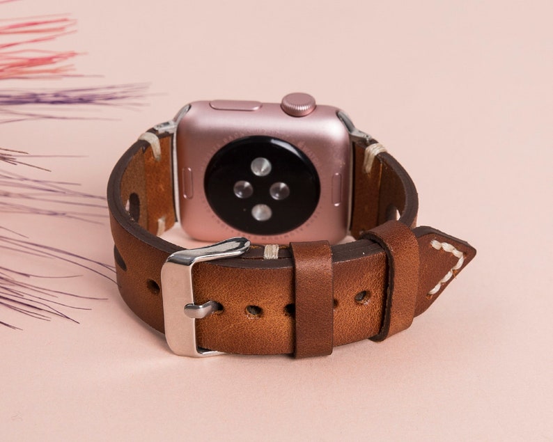 Brown Leather Apple Watch Band 38mm 40mm 41mm 42mm 44mm 45mm 49mm unisex iWatch Strap Bracelet Series 9 8 7 6 5 4 3 SE Fitbit 4 3 2 1/SENSE image 3