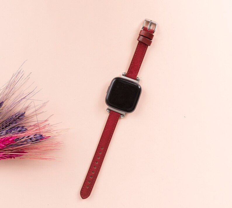Red Leather Fitbit Versa 3 2 1 Watch Band Thin Beady Fitbit SENSE Watch Band Personalizable Fitbit Series Band Apple Watch 9 Ultra 2 Gift image 5