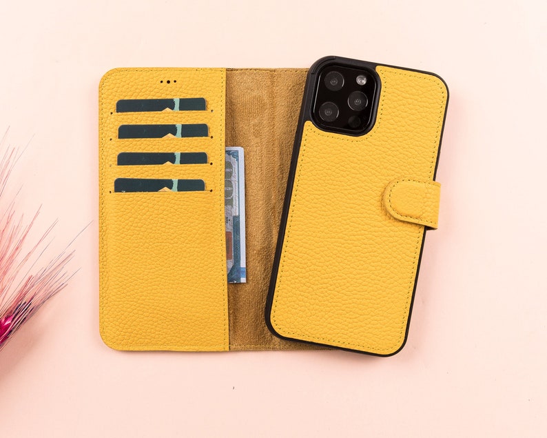 Yellow Leather iPhone 11 Series Magnetic Detachable Wallet Case with Card Slots, iPhone 11 / iPhone 11 Pro / Pro Max Back Cover Phone Cases 