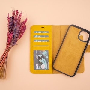 Gelbe iPhone 14 Pro Max Hülle Echtes Leder Magnetische Abnehmbare Brieftasche Hülle Personalisiert iPhone 14 + iPhone 14 Pro Max Handyhülle