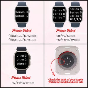 Apple Watch size compatibility guide showing Series 11–1 and Ultra 3–1 with band sizes 38mm–49mm
