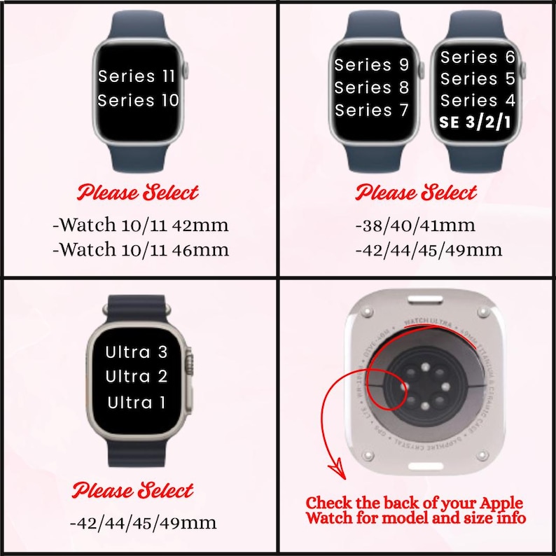Apple Watch size compatibility guide showing Series 11–1 and Ultra 3–1 with band sizes 38mm–49mm