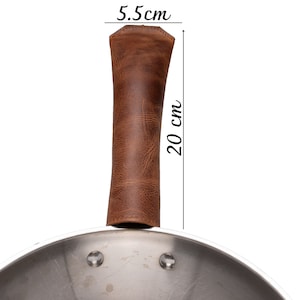Soporte para olla personalizado marrón, mango largo para olla, sartén de hierro fundido, soporte para mango de cuero, cubierta personalizada para mango de sartén, soporte para olla con mango de cuero
