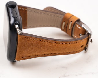 Correa de piel color canela para Apple Watch de 38 mm, 40 mm, 42 mm, 44 mm, 45 mm, 46 mm y 49 mm. Correa unisex para iWatch Series 11, 10, 9, 8, 7, 6, 5, 4, Ultra/SE 3-2-1.