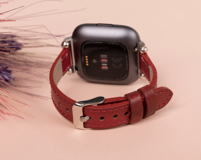 Red Leather Fitbit Versa 3 2 1 Watch Band Thin Beady Fitbit SENSE Watch Band Personalizable Fitbit Series Band Apple Watch 9 Ultra 2 Gift image 4