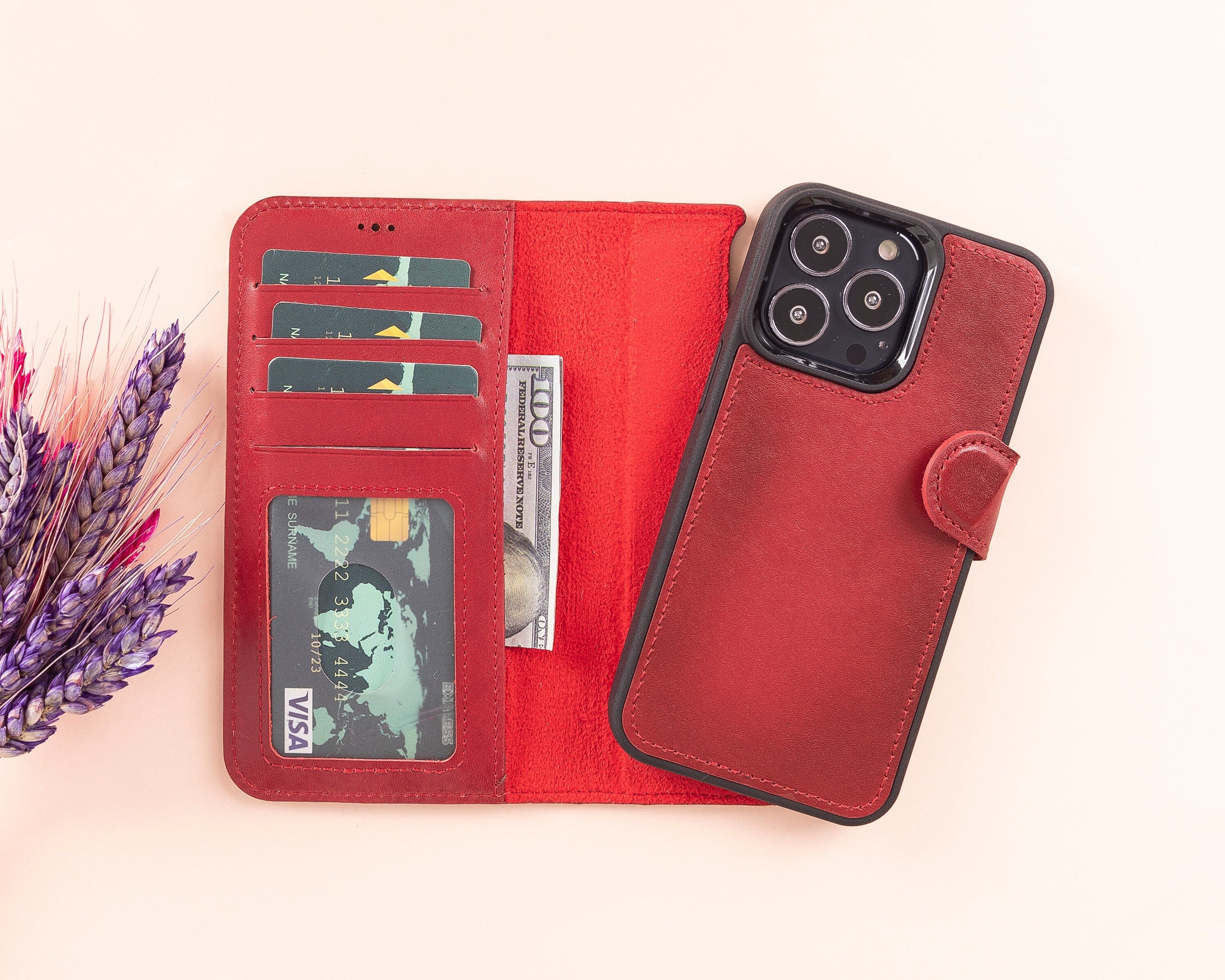 Red Leather iPhone 13 Series Magnetic Detachable Wallet Case With