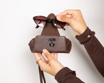 Personalized Top Grain Leather Glasses Case with Neck and Wrist Strap Custom Gift Handmade Sunglasses Holder