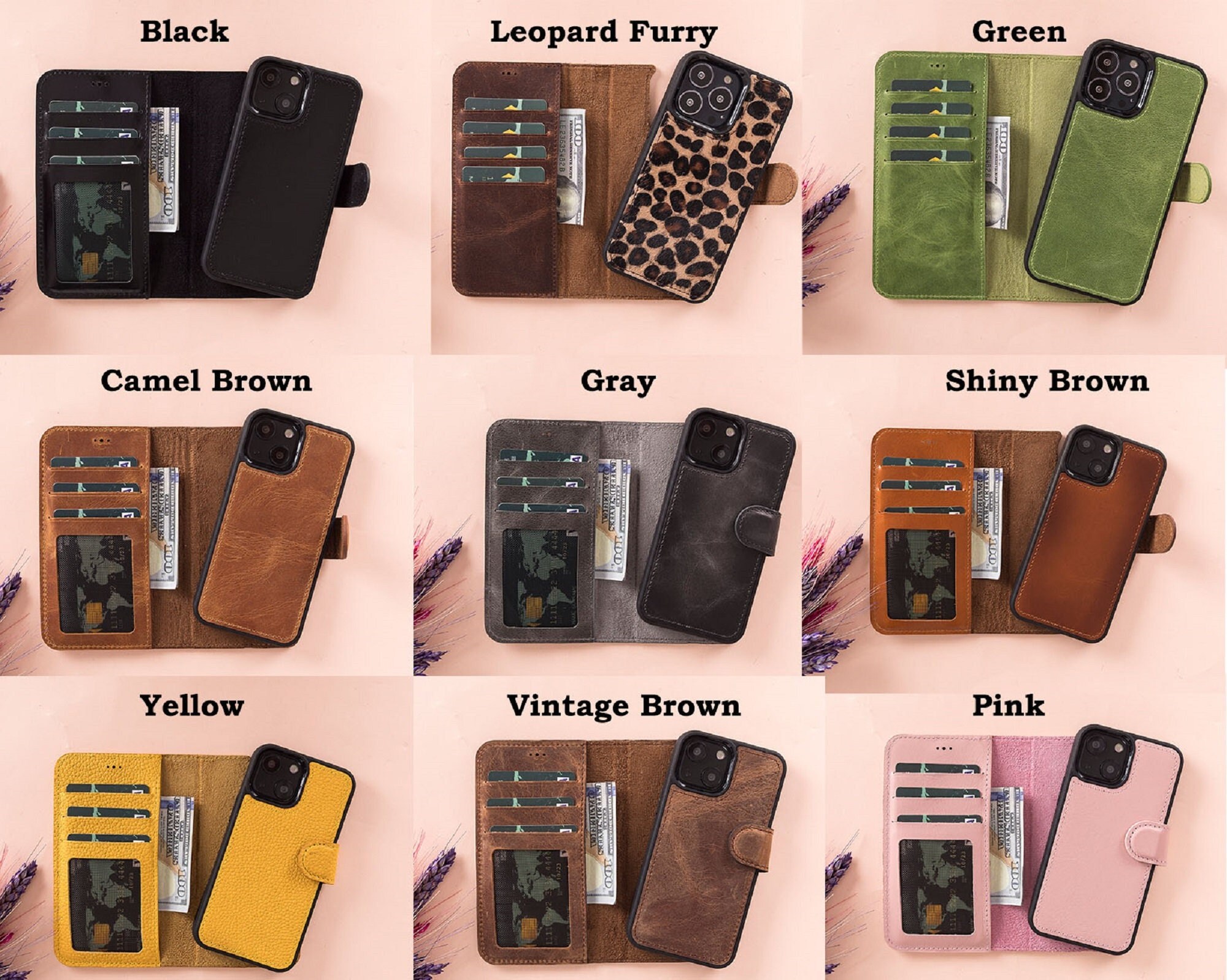 Leather iPhone 15 Series Magnetic Detachable Wallet Case With Card