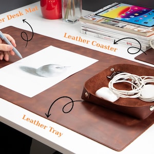 Personalized Leather Desk Mat with Catchall Tray & Coaster, Leather Accessory Gift Set, Desk Blotter Desktop Organizer Gift for Him, Her