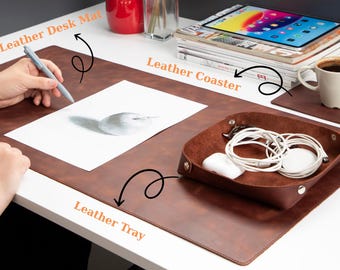 Personalized Leather Desk Mat with Catchall Tray & Coaster, Leather Accessory Gift Set, Desk Blotter Desktop Organizer Gift for Him, Her
