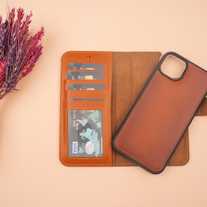 Brown iPhone 14 Pro Max Case Genuine Leather Magnetic Detachable Wallet Case Personalized iPhone 14 Plus iPhone 14  Pro  Pro Max Phone Case