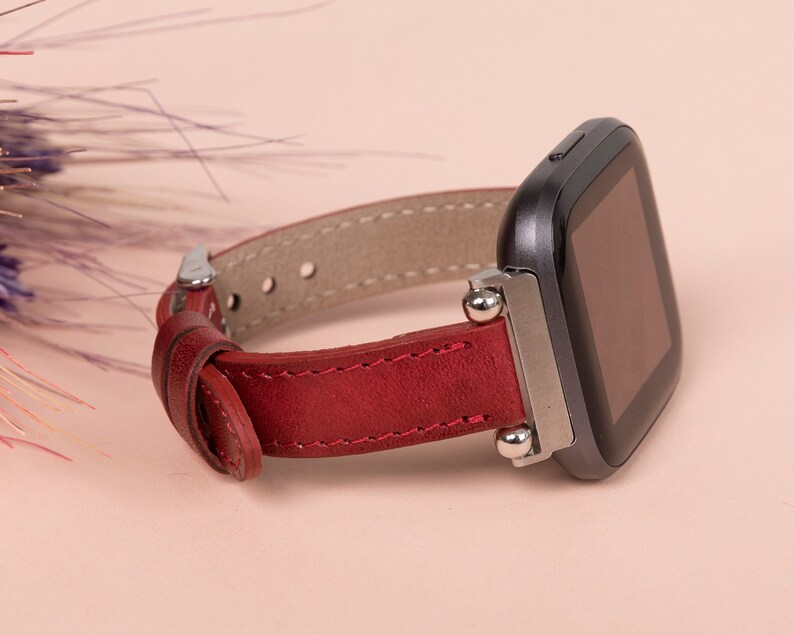 Red Leather Fitbit Versa 3 2 1 Watch Band Thin Beady Fitbit SENSE Watch Band Personalizable Fitbit Series Band Apple Watch 9 Ultra 2 Gift image 2