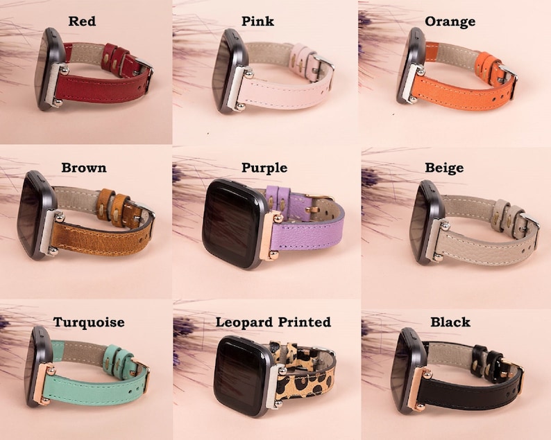 K&ouml;nnte beinhalten: Neun verschiedene farbige Lederarmb&auml;nder f&uuml;r eine Smartwatch. Die Armb&auml;nder sind in den Farben Rot, Pink, Orange, Braun, Lila, Beige, T&uuml;rkis, Leopardenmuster und Schwarz.