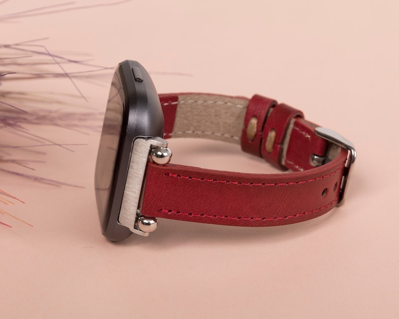 Red Leather Fitbit Versa 3 2 1 Watch Band Thin Beady Fitbit SENSE Watch Band Personalizable Fitbit Series Band Apple Watch 9 Ultra 2 Gift image 3
