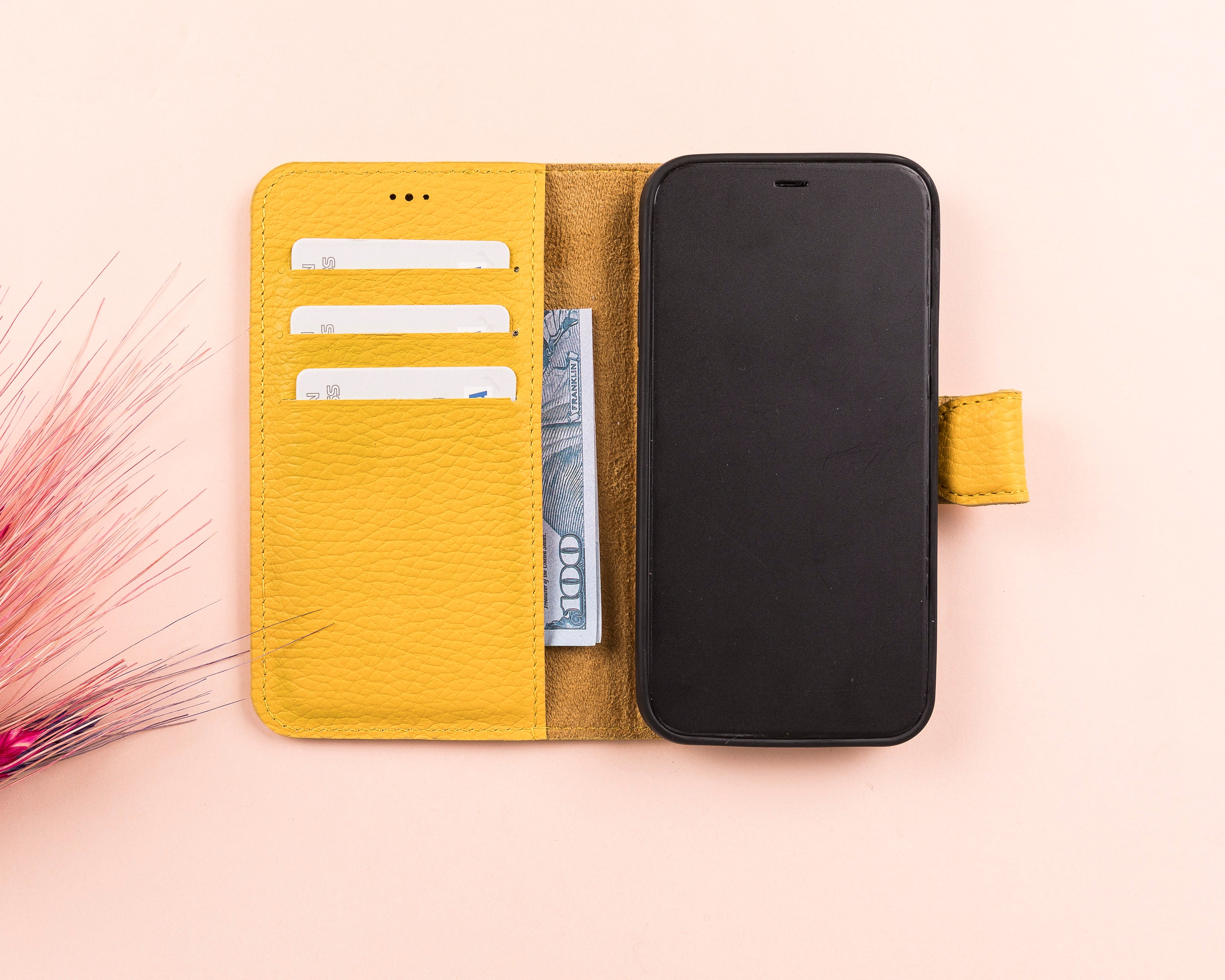 Yellow Leather iPhone 11 Series Magnetic Detachable Wallet