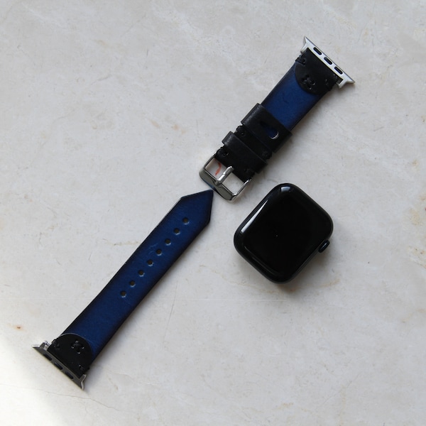 Blue Leather Apple Watch Band 38 40 41mm 42mm 44mm 45mm 49mm iWatch Strap Bracelet 8 7 6 5 4 3 2 1 SE Fitbit Versa 4 3 2 1 SENSE Band