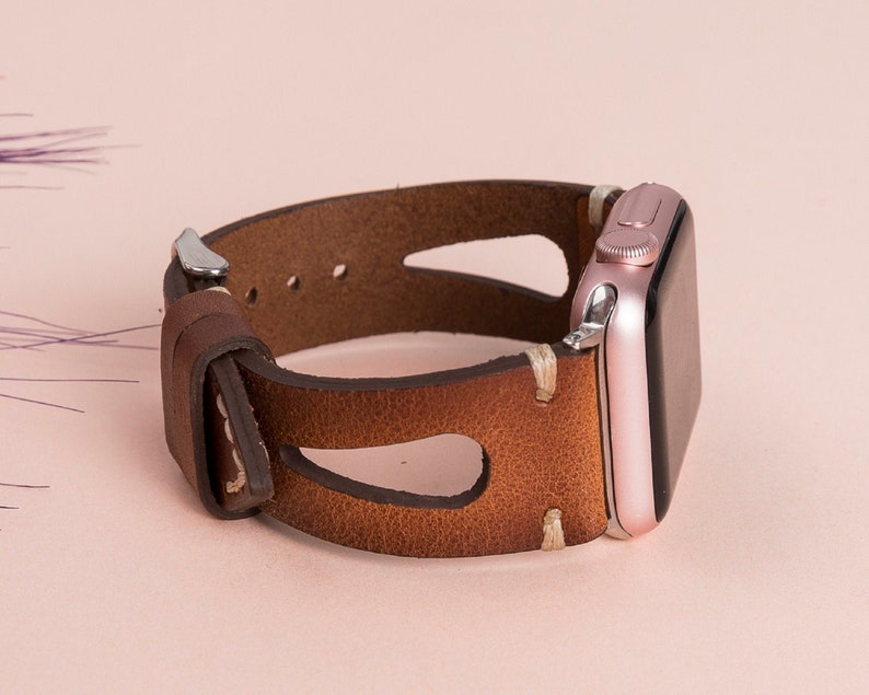 Handmade genuine leather Apple Watch band in brown — compatible with Apple Watch Series 11, 10, 9, 8, 7, and Ultra models.