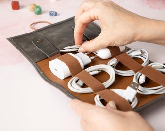 Brown Leather Cable & Charger Organizer Bag, Personalised Cord Organizer-Passport Holder, Travel Charger Roll, Charger-Cable Storage Roll