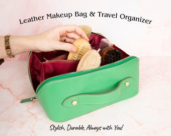 Personalized Full Grain Leather Makeup Organizer, Custom Cosmetic Bag, Travel Toiletry and Beauty Bag, Gift for Her, Bridesmaid Gift