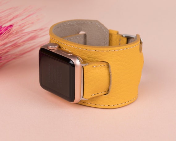 Yellow Leather Apple Watch Band, Handmade Genuine Leather Cuff Strap, iWatch Band 38mm–49mm, Personalized Gift