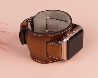 Cognac Brown Leather Apple Watch Band 38mm 40mm 41mm 42mm 44mm 45mm, Cuff iWatch Strap Bracelet for 7 6 5 4 3 2 1 & SE, Fitbit Versa Band