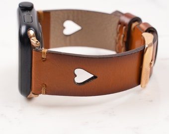 Correa de cuero personalizada para Apple Watch con forma de corazón: hecha a mano (38 mm, 40 mm, 41 mm, 42 mm, 44 mm, 45 mm y 49 mm) / Regalo para ella