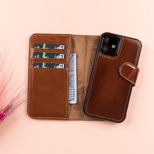 Glänzendes braunes Leder iPhone 12 Serie Magnetische Abnehmbare Brieftasche mit Kartensteckplätzen, iPhone 12 / Mini / Pro / Pro Max RFID Schutz Rückseite