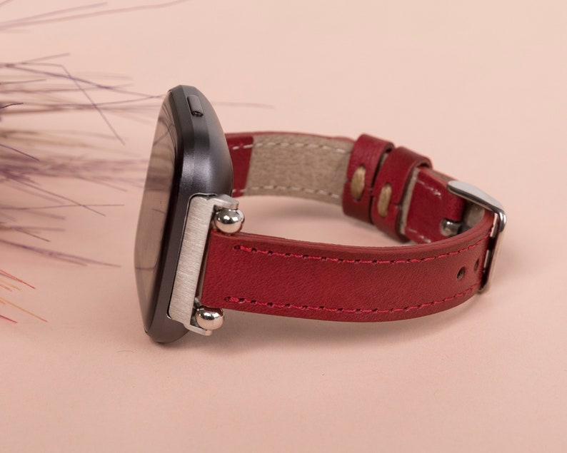 Red Leather Fitbit Versa 3 2 1 Watch Band Thin Beady Fitbit SENSE Watch Band Personalizable Fitbit Series Band Apple Watch 9 Ultra 2 Gift image 9