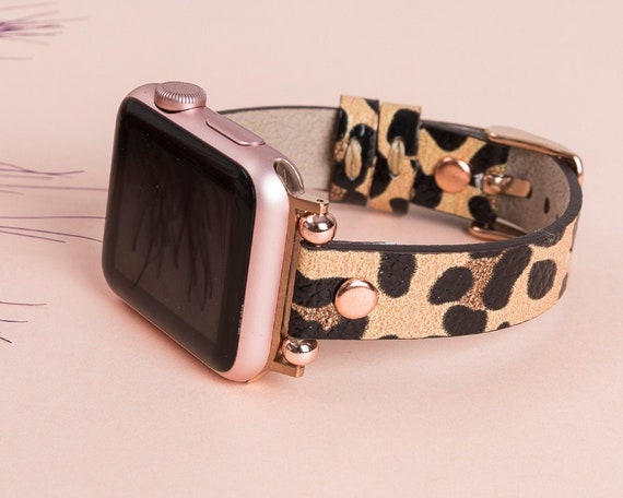 Brown Leather Leather Apple Watch Strap Womens Leopard
