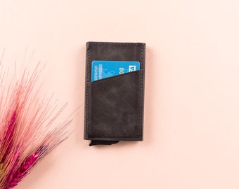 Porte-cartes personnalisé en cuir avec mécanisme de protection RFID, porte-cartes de visite jusqu'à 7 emplacements pour cartes, porte-cartes mécanique minimaliste