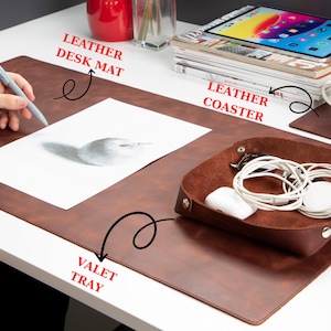 Leather Desk Set, Personalized Office Desk Mat, Monogrammed Valet Tray, Custom Coaster, Gift Set for Christmas