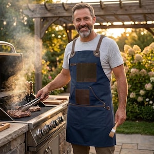 Personalized Canvas Apron with Leather Patch, Custom Chef Apron with Pockets & Padded Straps, Leather Anniversary Gift, Cooking Gift