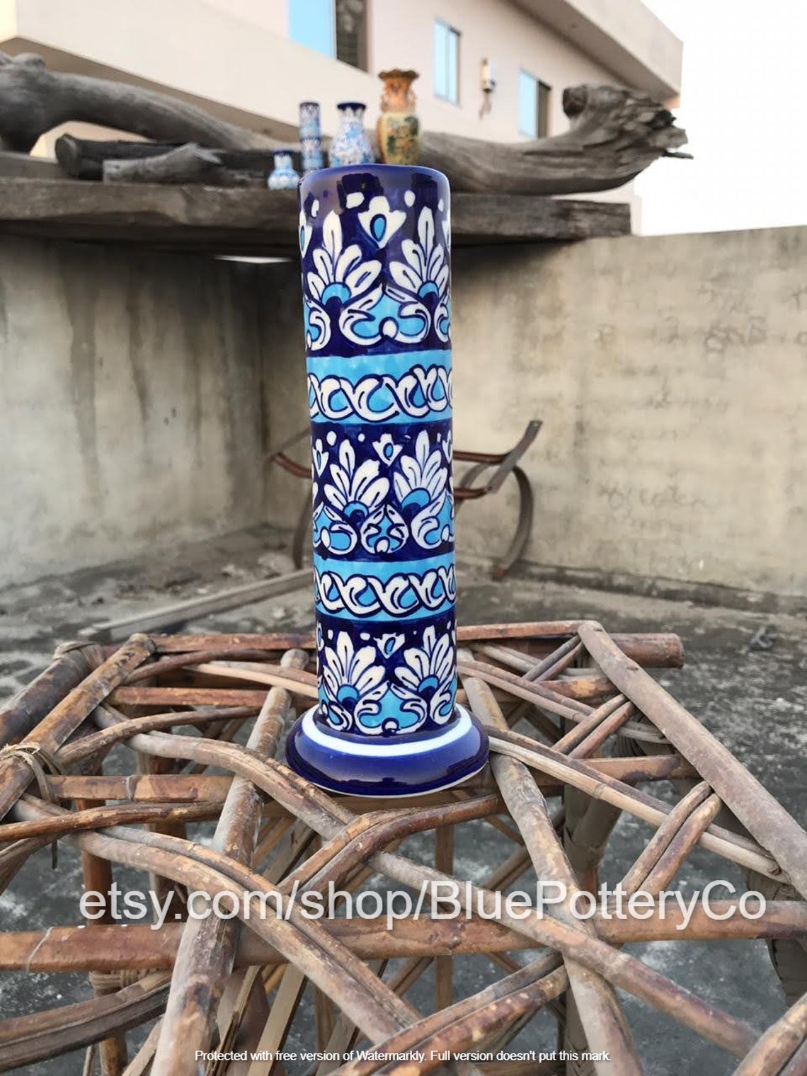 Pakistani pottery Cylinder vase blue pottery Delftware Etsy